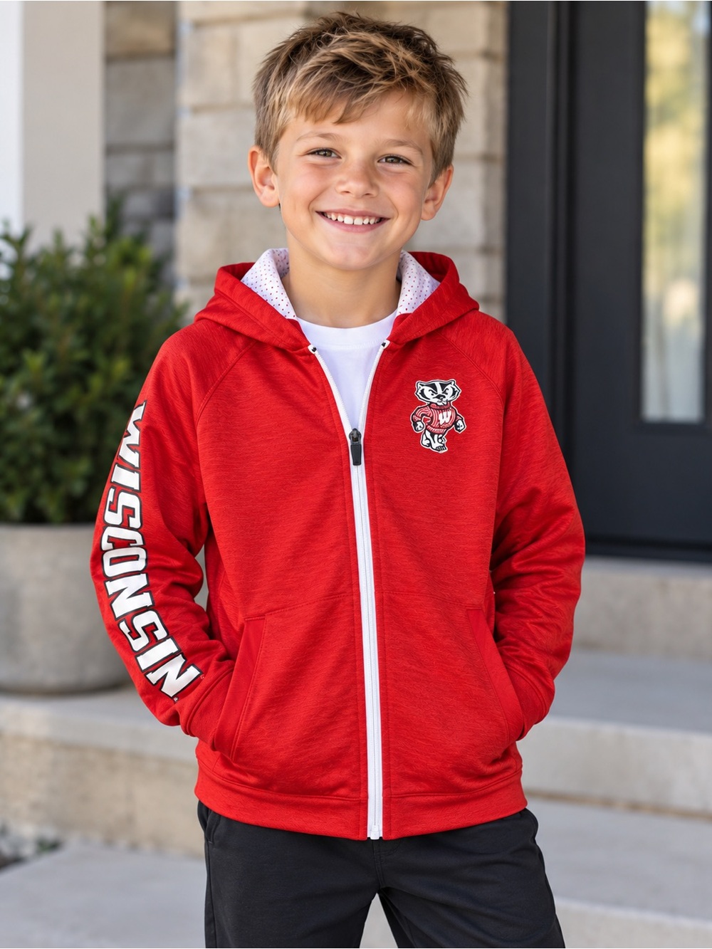 Kids' Red Full-Zip Hoodie with Wisconsin Sleeve Logo